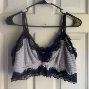 Aerie Lace Trim Bralette in Gray and Navy